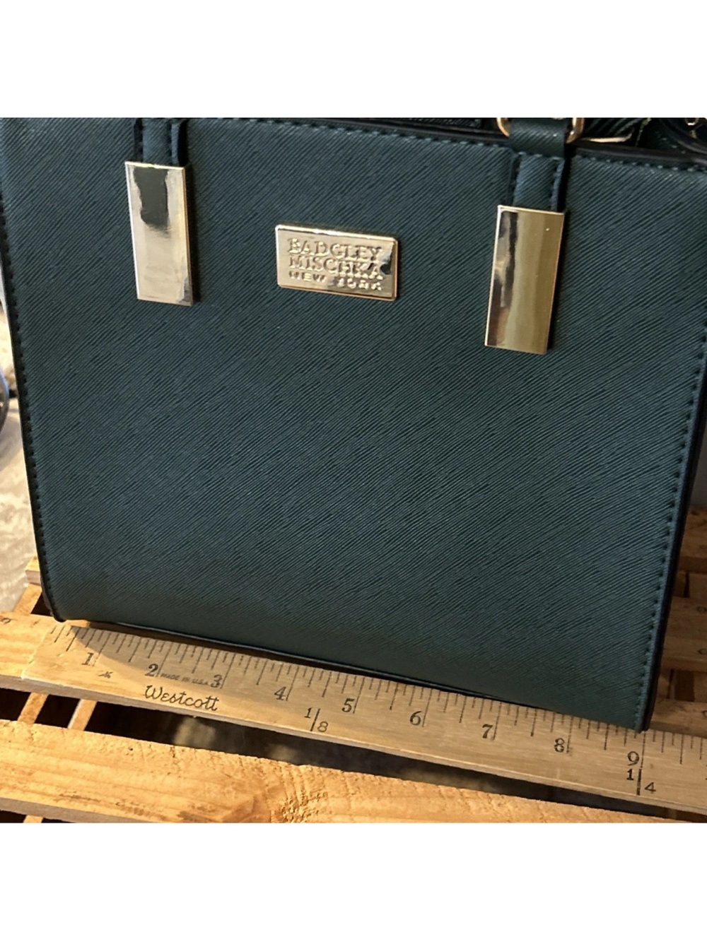 Badgley Mischka Green Structured Satchel with Gold Hardware - Picture 6 of 10